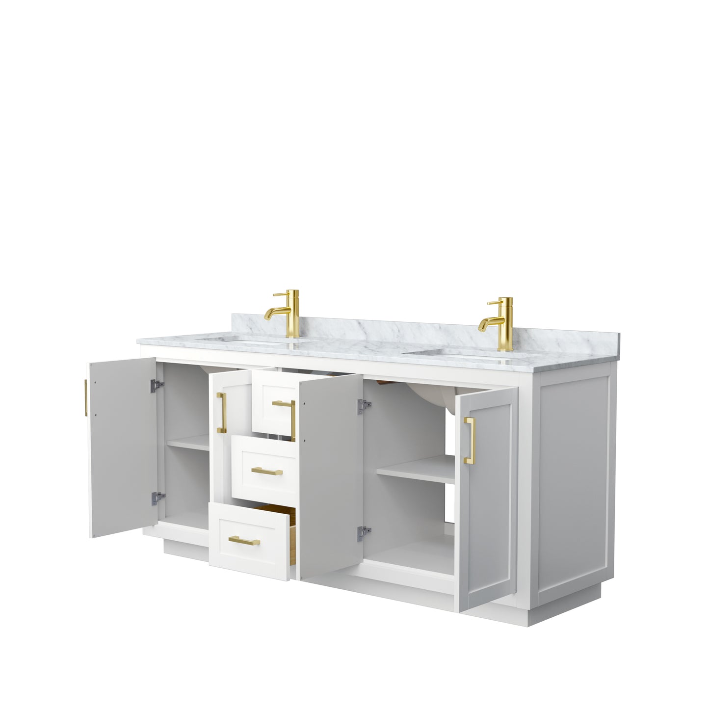 Miranda 72" Double Vanity in White, Top, Square Sinks, Brushed Gold Trim