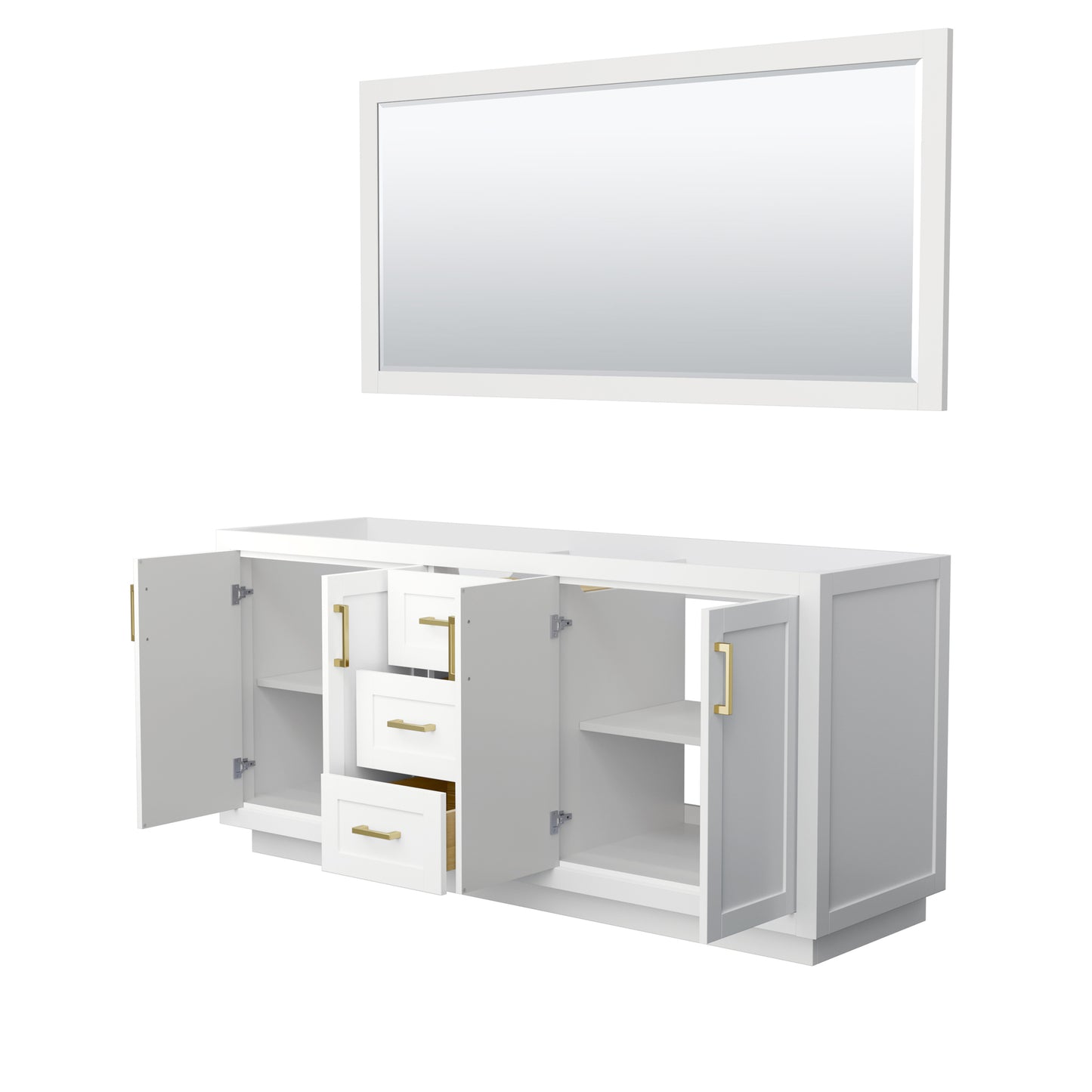 Miranda 72" Double Vanity in White, No Top, Bruished Gold Trim, 70" Mirror