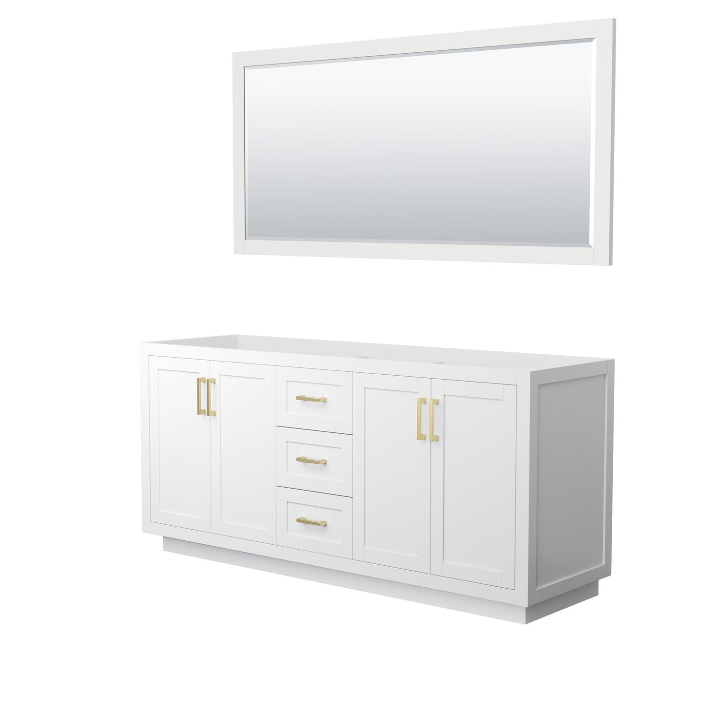 Miranda 72" Double Vanity in White, No Top, Bruished Gold Trim, 70" Mirror
