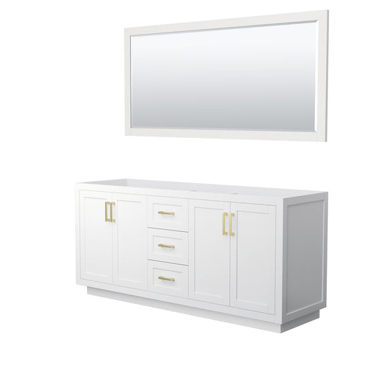Miranda 72" Double Vanity in White, No Top, Bruished Gold Trim, 70" Mirror