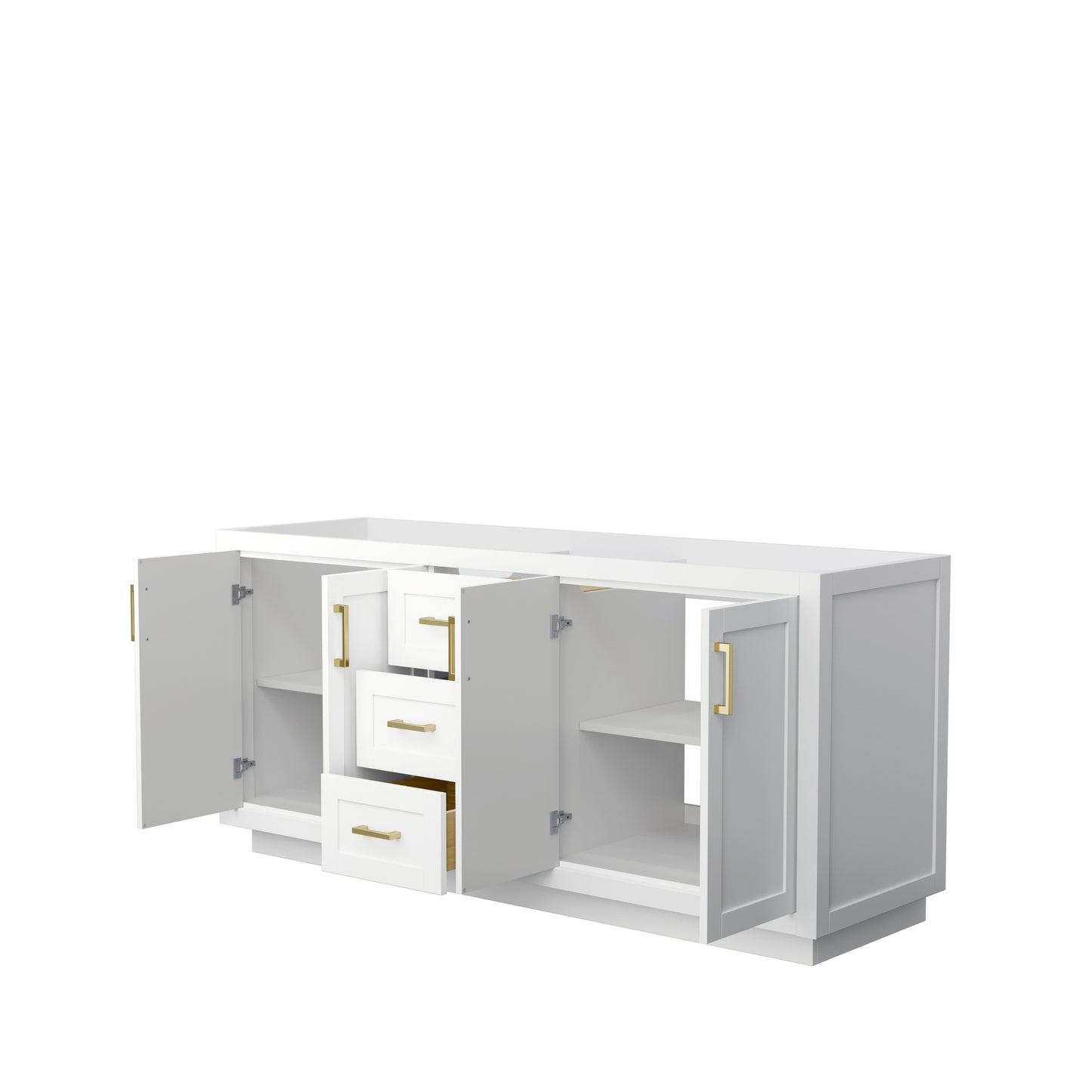 Miranda 72" Double Vanity in White, No Top, No Sink, Brushed Gold Trim