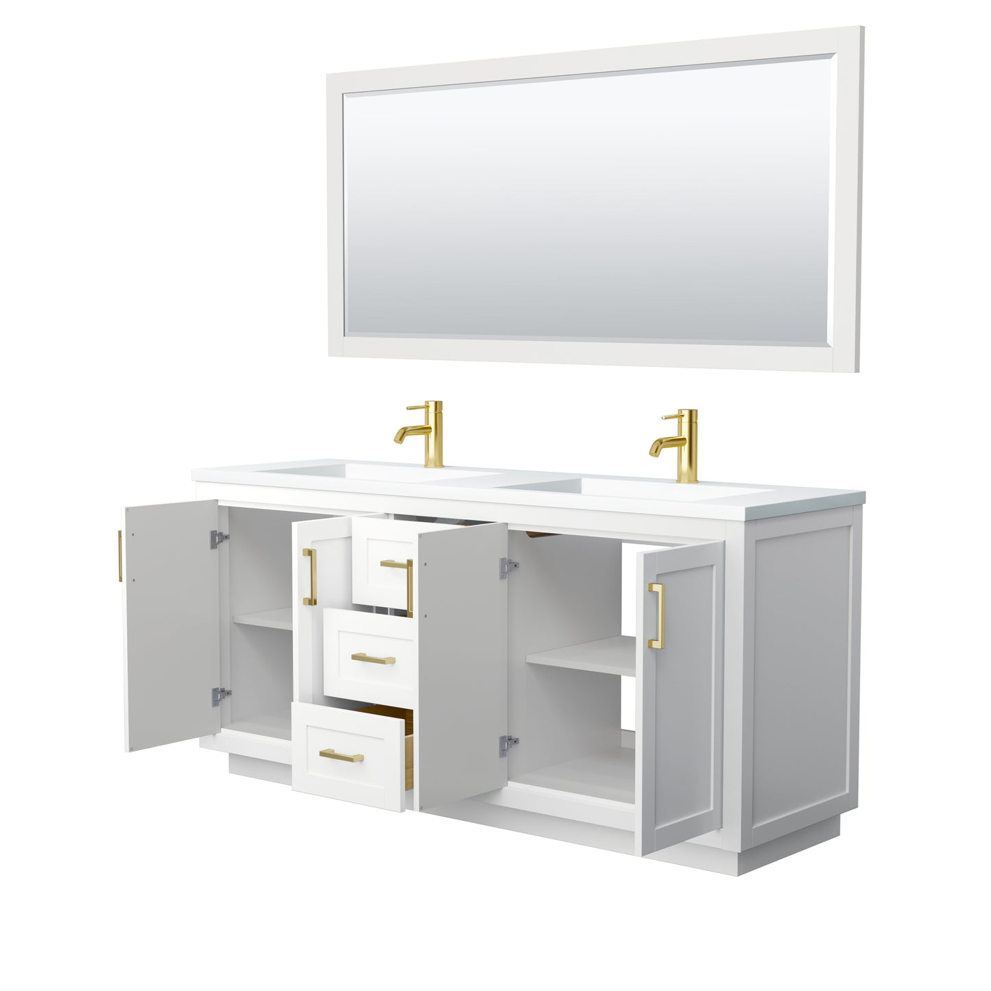 Miranda 72" Double Vanity in White, 1.25" White Top,  Gold Trim, 70" Mirror