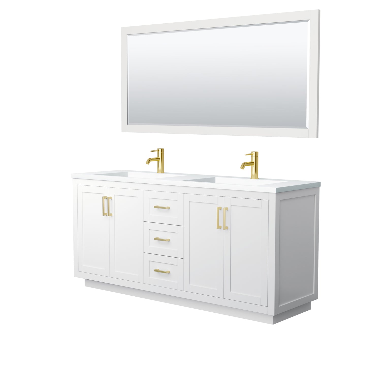 Miranda 72" Double Vanity in White, 1.25" White Top,  Gold Trim, 70" Mirror