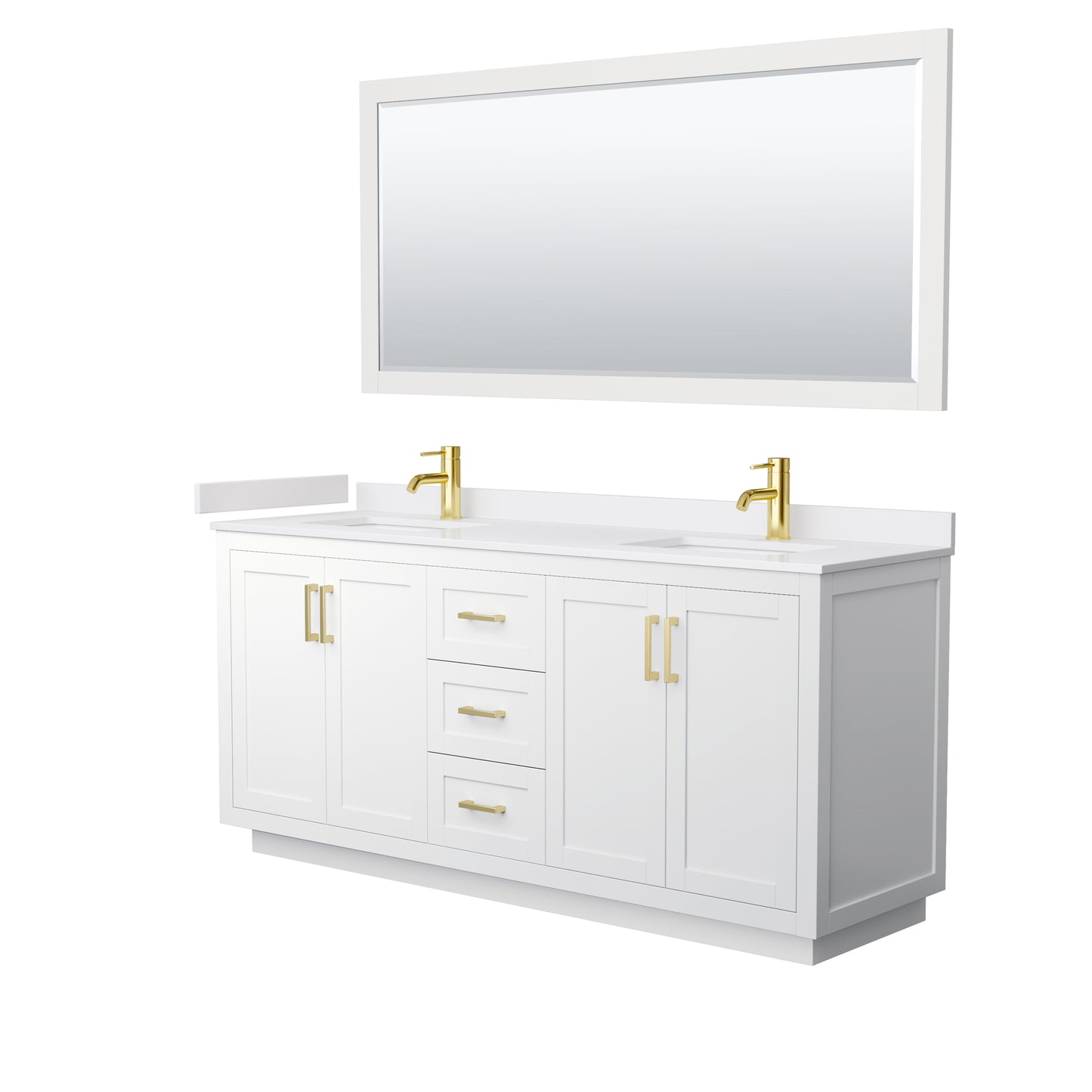 Miranda 72" Double Vanity in White, White Marble Top, Gold Trim, 70" Mirror