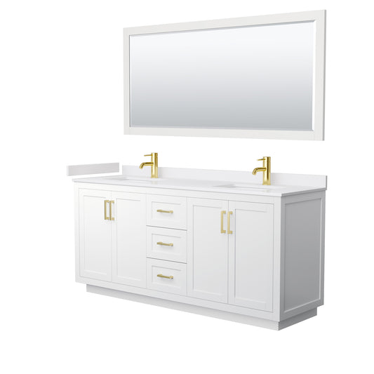Miranda 72" Double Vanity in White, White Marble Top, Gold Trim, 70" Mirror