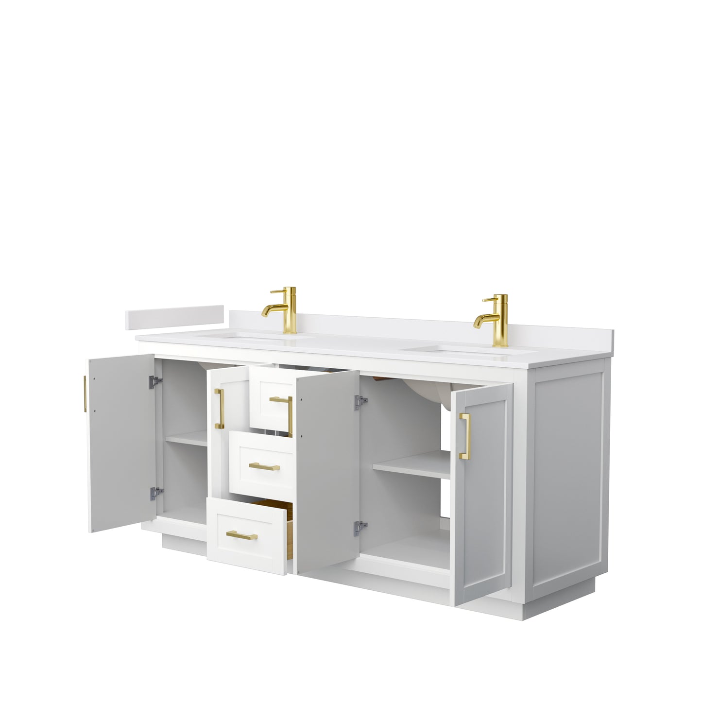 Miranda 72" Double Vanity in White, White Cultured Marble Top, Gold Trim