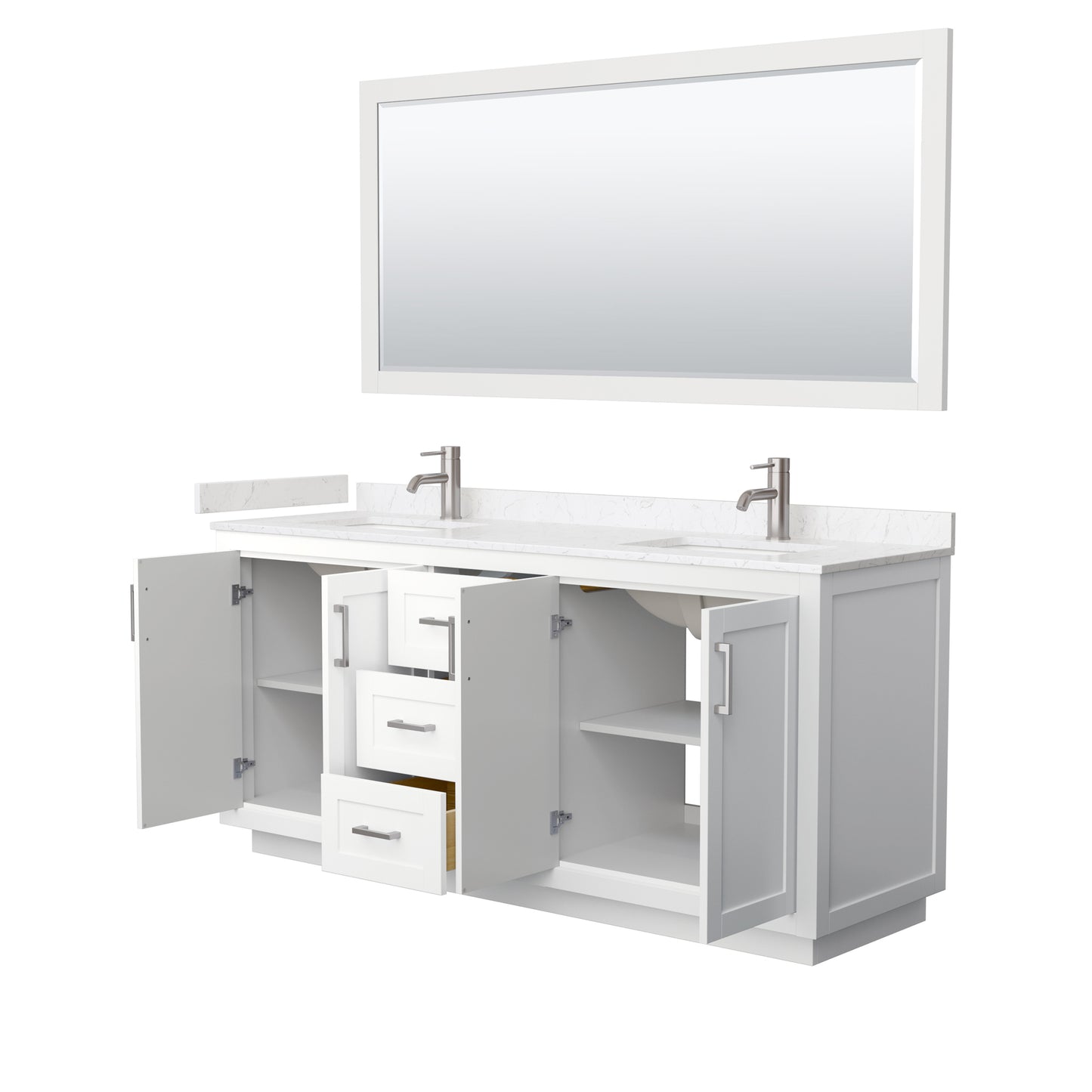 Miranda 72" Double Vanity in White, Carrara Marble Top, Nickel Trim, 70" Mirror