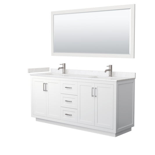 Miranda 72" Double Vanity in White, Carrara Marble Top, Nickel Trim, 70" Mirror