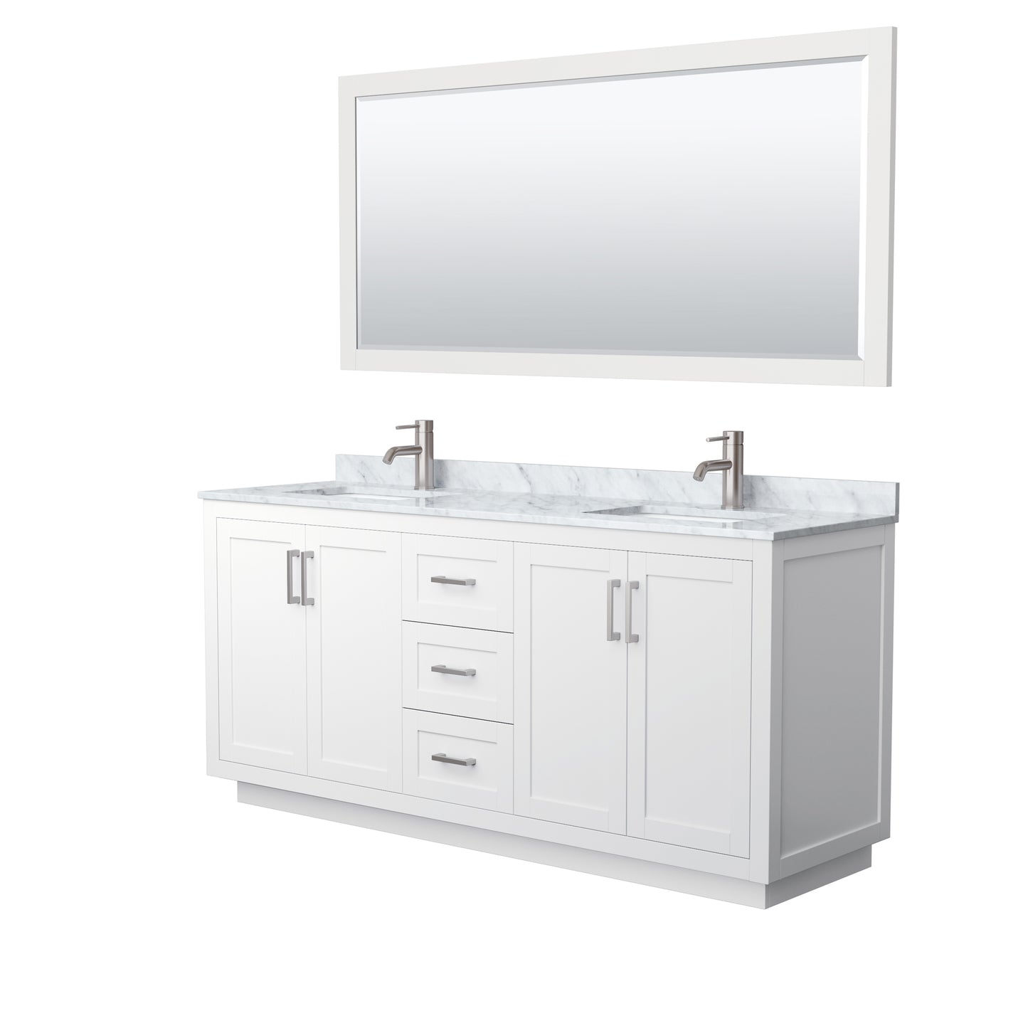 Miranda 72" Double Vanity in White, Top, Square Brushed Nickel Trim, 70" Mirror