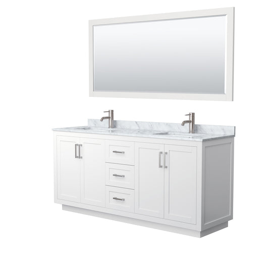Miranda 72" Double Vanity in White, Top, Square Brushed Nickel Trim, 70" Mirror