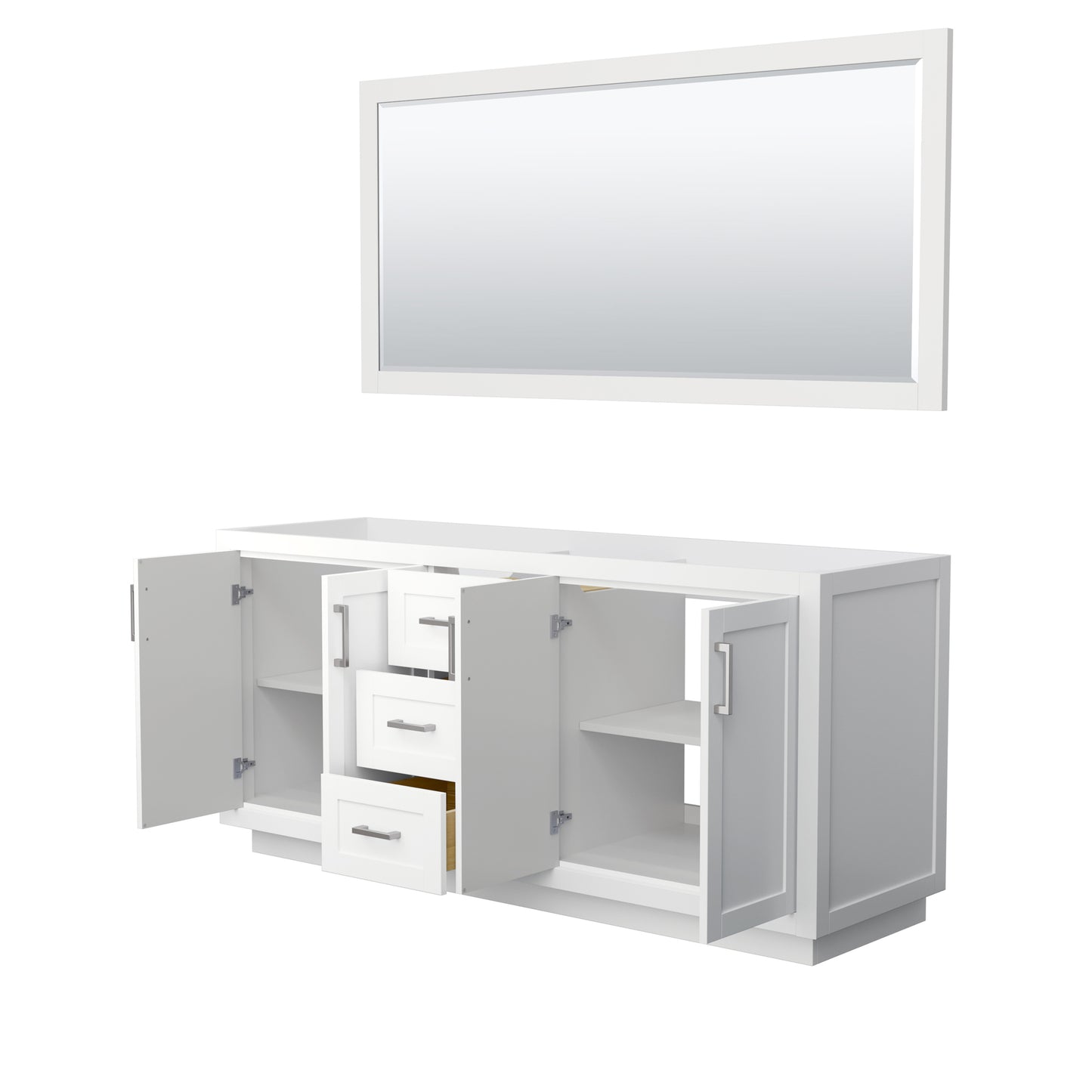 Miranda 72" Double Vanity in White, No Top, Bruished Nickel Trim, 70" Mirror