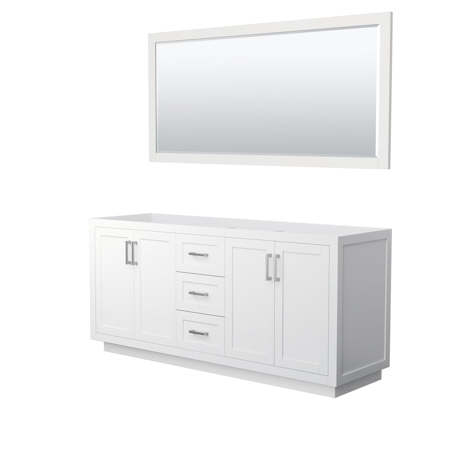 Miranda 72" Double Vanity in White, No Top, Bruished Nickel Trim, 70" Mirror