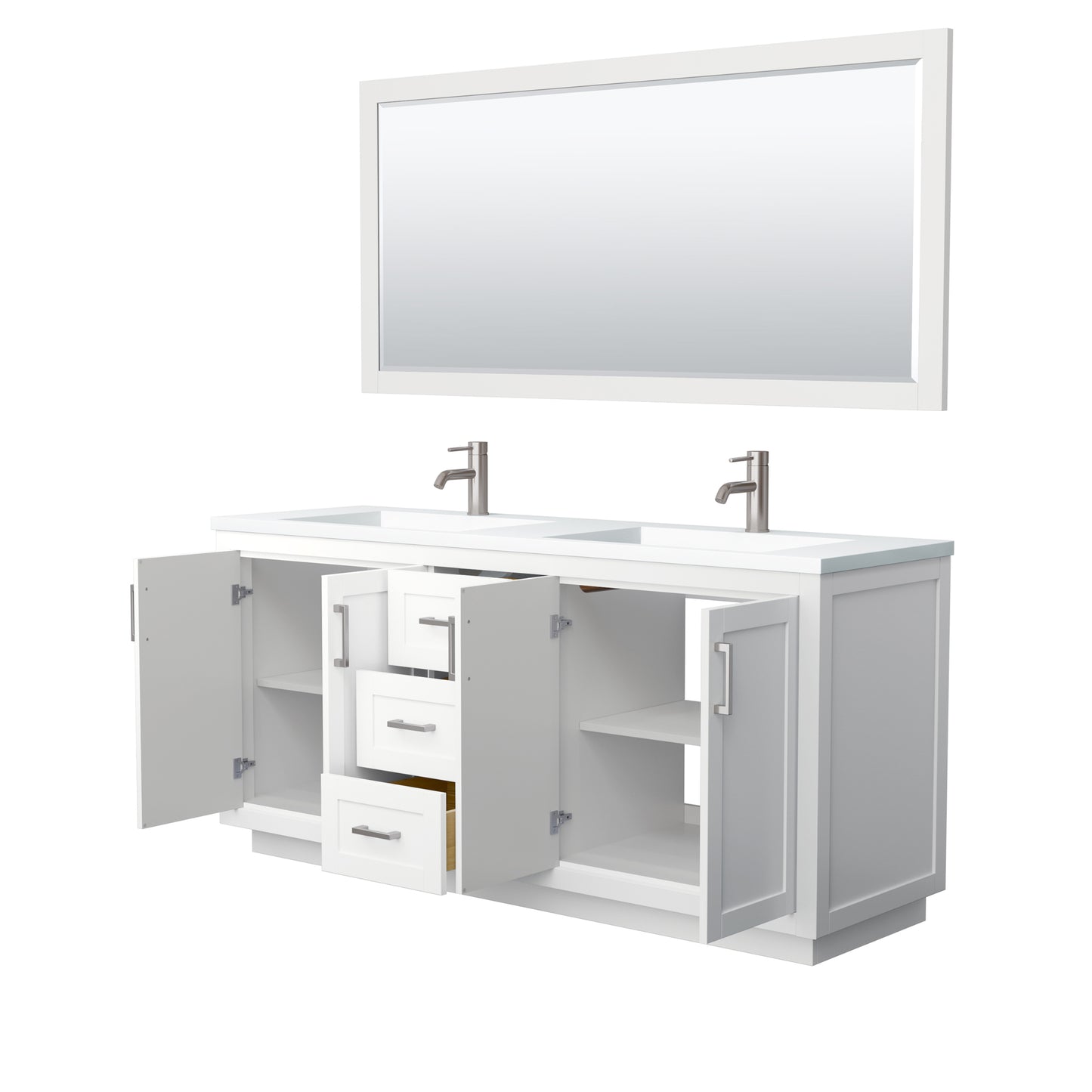 Miranda 72" Double Vanity in White, 1.25" White Top,  Nickel Trim, 70" Mirror