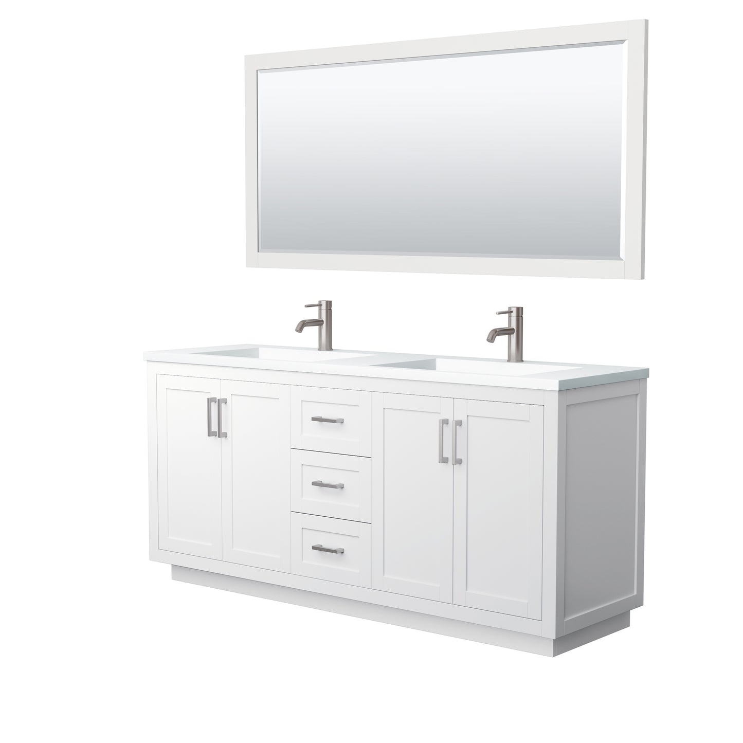 Miranda 72" Double Vanity in White, 1.25" White Top,  Nickel Trim, 70" Mirror