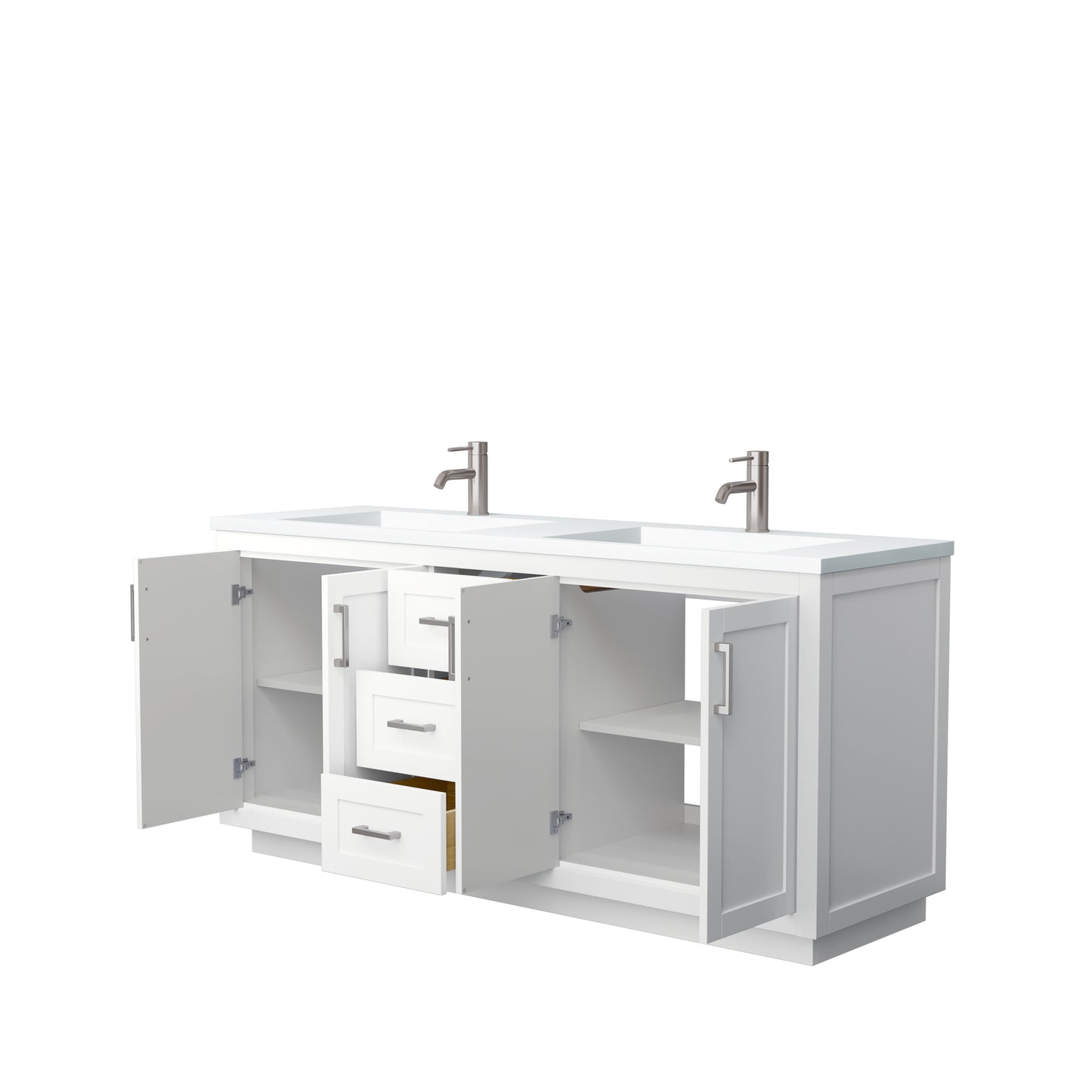 Miranda 72" Double Vanity in White, 1.25" White Top, Integrated Nickel Trim