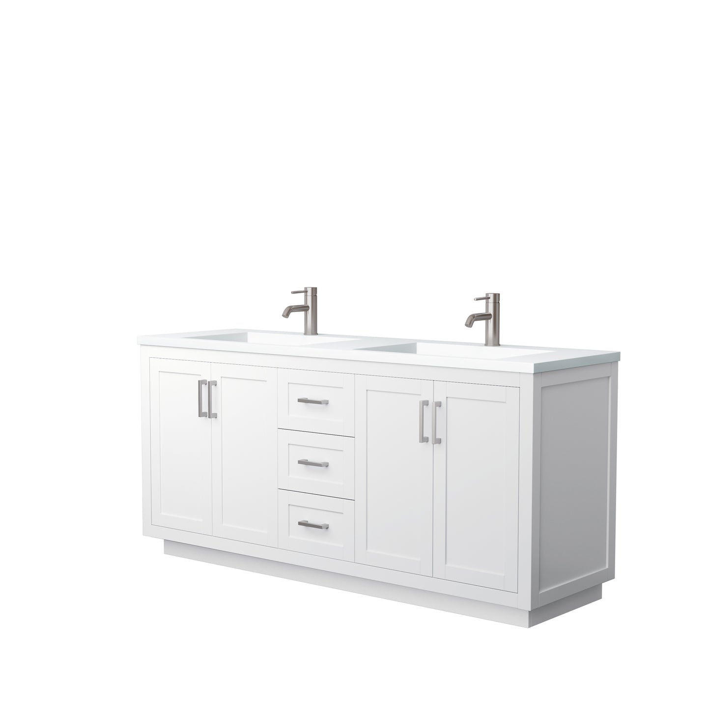 Miranda 72" Double Vanity in White, 1.25" White Top, Integrated Nickel Trim