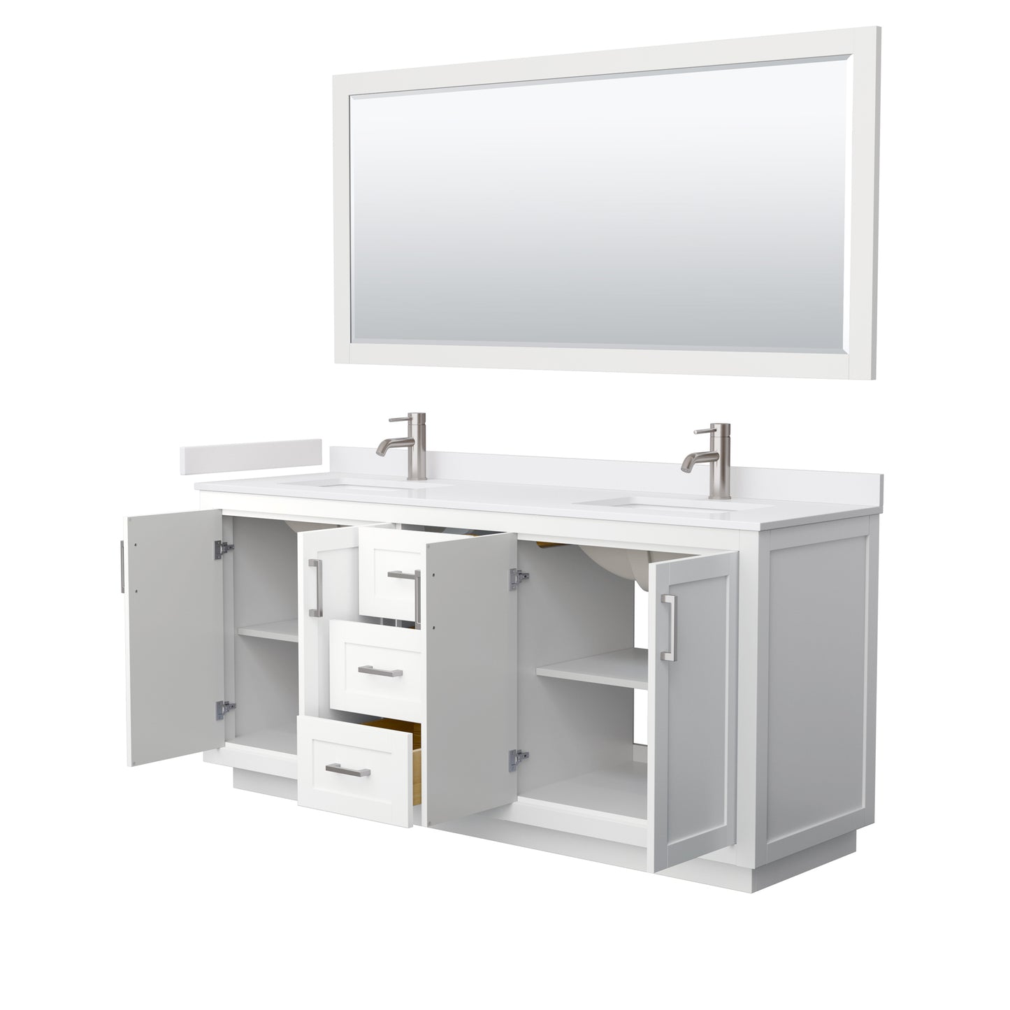 Miranda 72" Double Vanity in White, White Marble Top, Nickel Trim, 70" Mirror