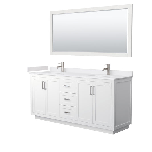 Miranda 72" Double Vanity in White, White Marble Top, Nickel Trim, 70" Mirror