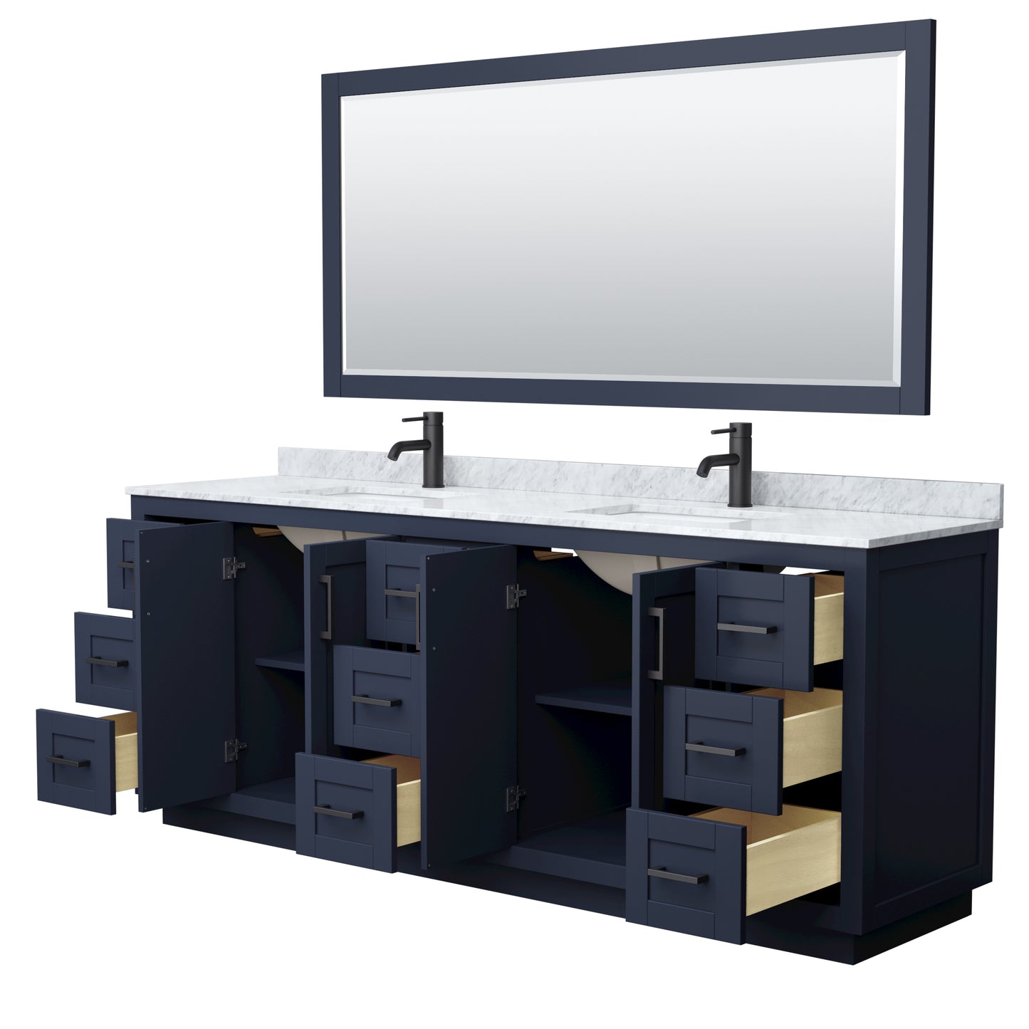 Miranda 84" Double Vanity in Dark Blue, Top, Square Matte Black Trim, 70" Mirror