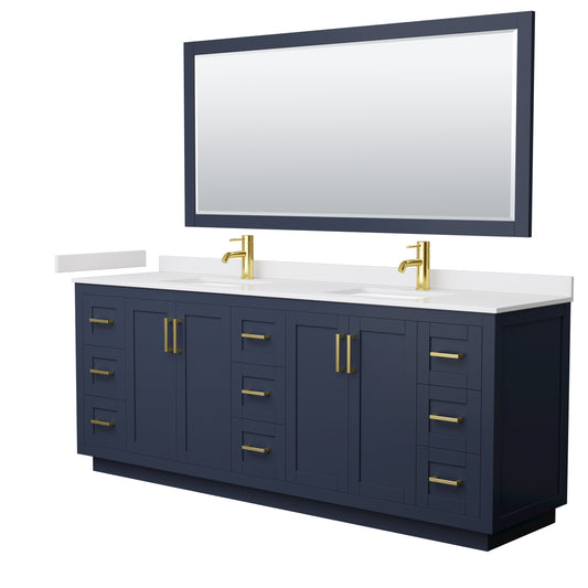 Miranda 84" Double Vanity in Dark Blue, White Marble Top, Gold Trim, 70" Mirror