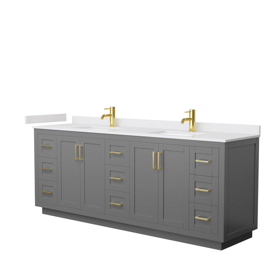 Miranda 84" Double Vanity in Dark Gray, White Cultured Marble Top, Gold Trim