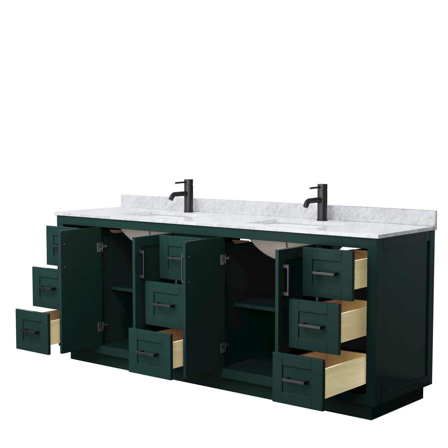 Miranda 84" Double Vanity in Green, Top, Square Sinks, Matte Black Trim