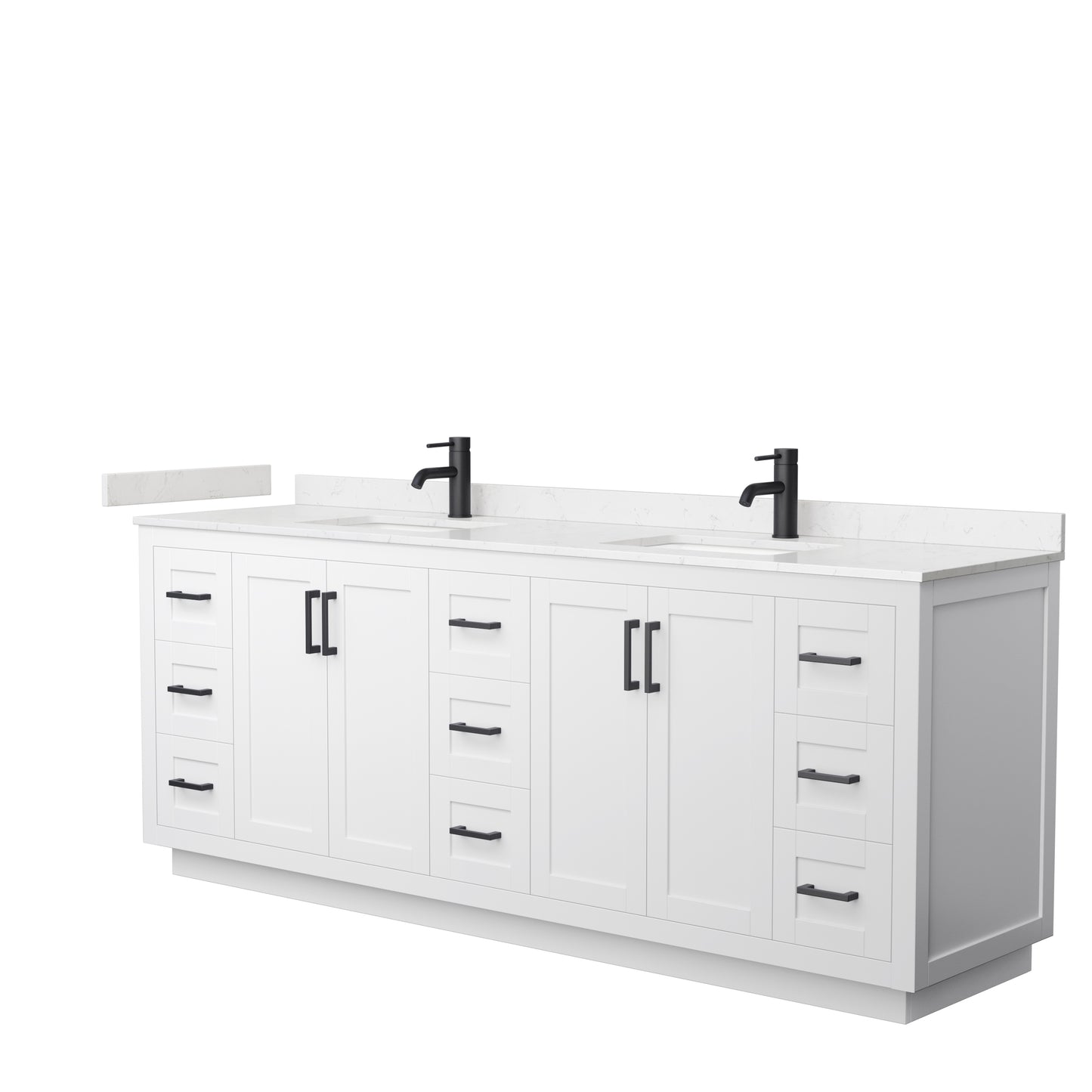 Miranda 84" Double Vanity in White, Carrara Cultured Marble Top, Black Trim