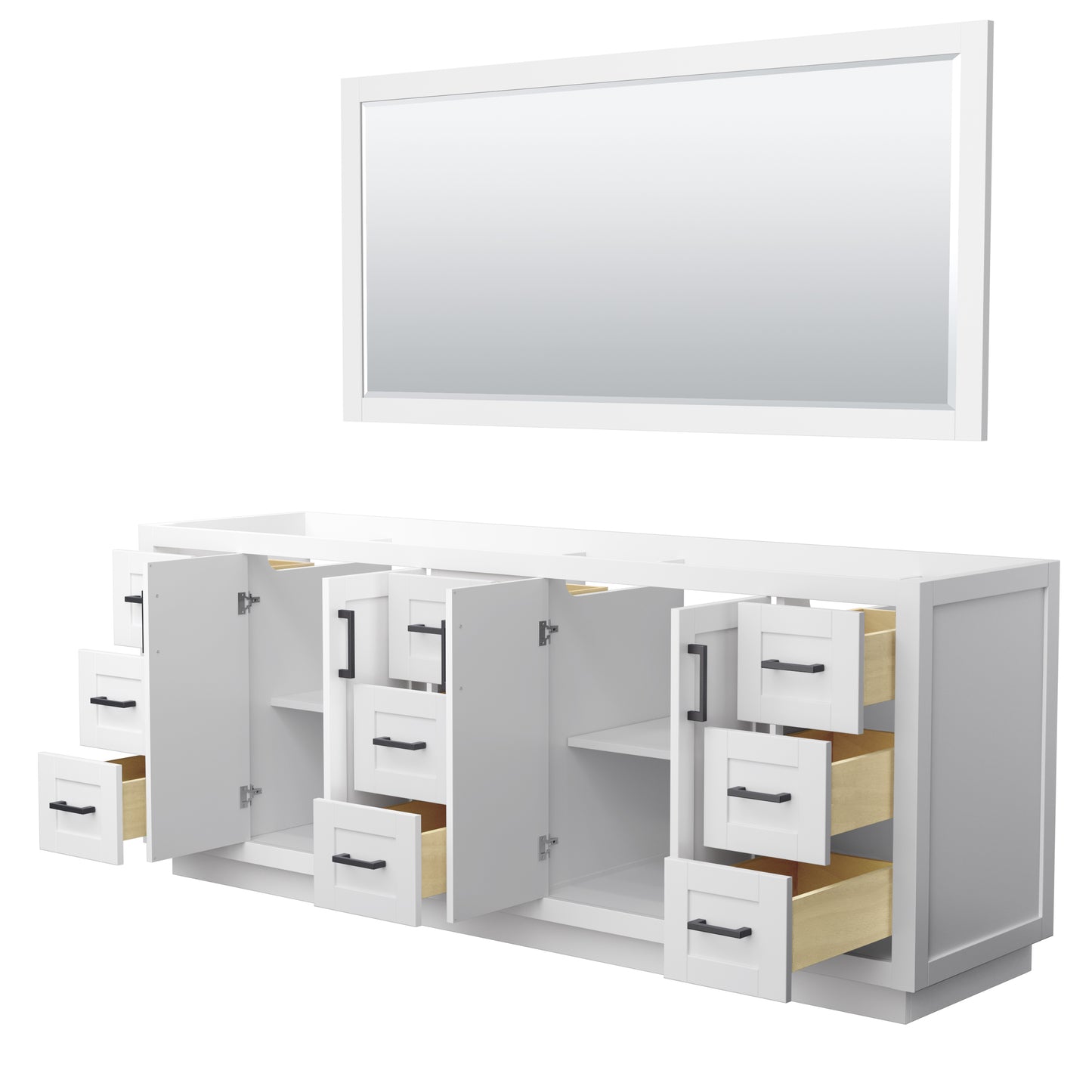 Miranda 84" Double Vanity in White, No Top, Matte Black Trim, 70" Mirror