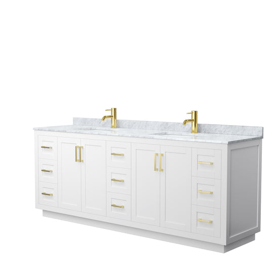Miranda 84" Double Vanity in White, Top, Square Sinks, Brushed Gold Trim