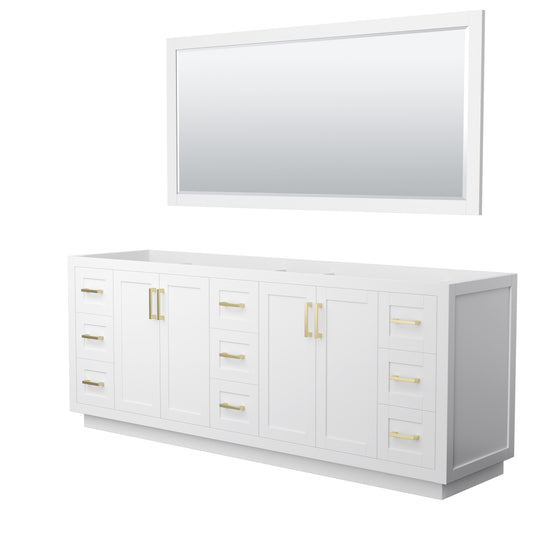 Miranda 84" Double Vanity in White, No Top, Bruished Gold Trim, 70" Mirror