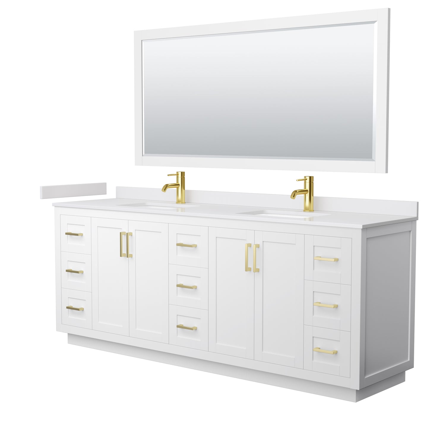 Miranda 84" Double Vanity in White, White Marble Top, Gold Trim, 70" Mirror