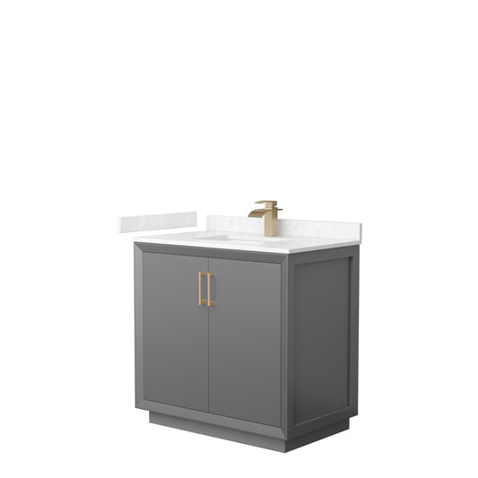 Strada 36" Single Vanity in Gray, Carrara  Marble Top, Sink, Bronze Trim