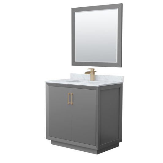 Strada 36" Single Vanity in Gray, Marble Top, Sink, Bronze Trim, 34" Mirror