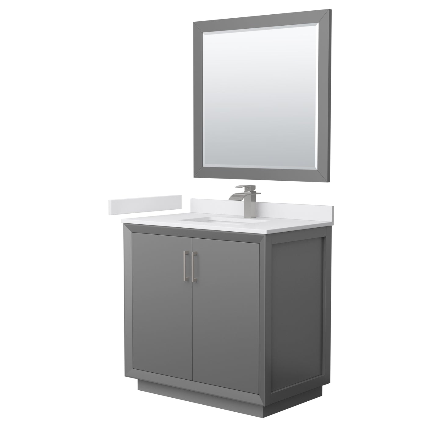 Strada 36" Gray Single Vanity, White Marble Top, Sink, Nickel Trim, 34" Mirror