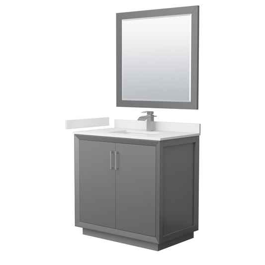 Strada 36" Gray Single Vanity, White Marble Top, Sink, Nickel Trim, 34" Mirror