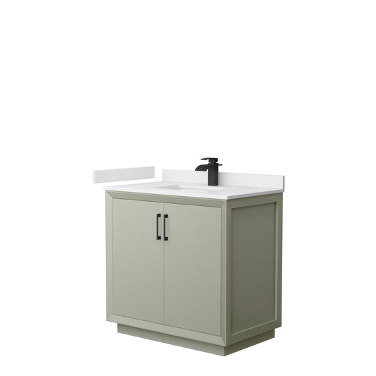 Strada 36" Single Vanity in Green, White  Marble Top, Sink, Black Trim