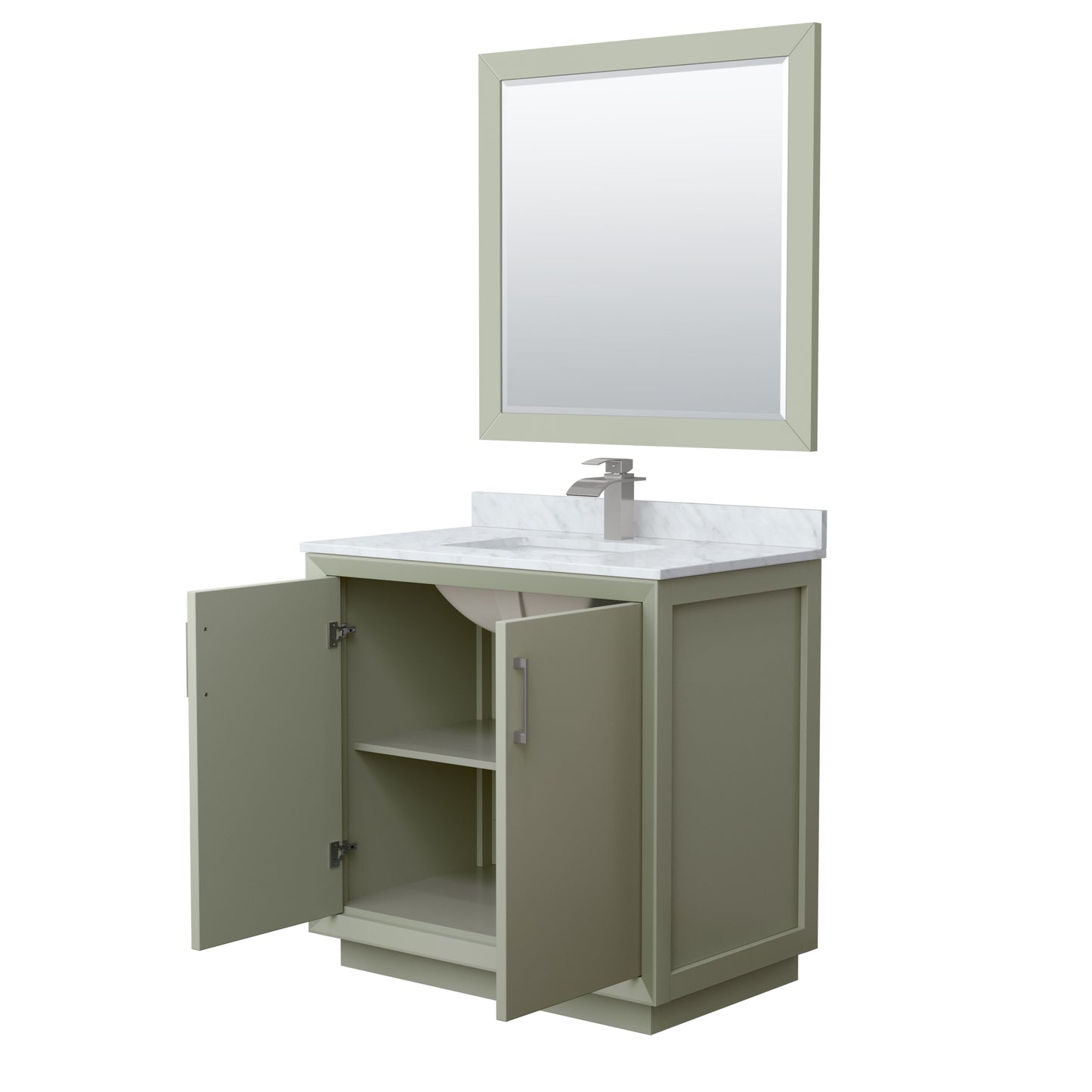 Strada 36" Single Vanity in Green, Marble Top, Sink, Nickel Trim, 34" Mirror