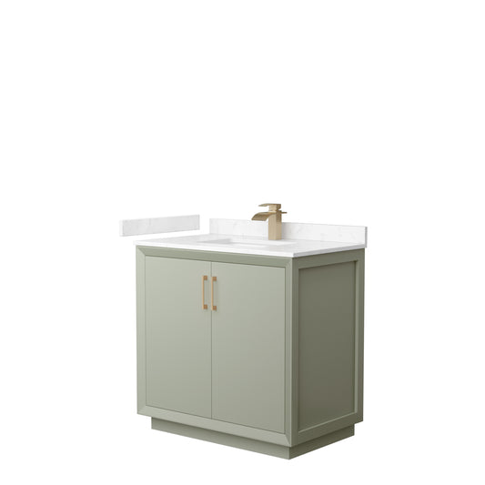 Strada 36" Single Vanity in Green, Carrara  Marble Top, Sink, Bronze Trim