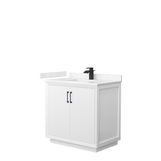 Strada 36" Single Vanity in White, Carrara  Marble Top, Sink, Black Trim