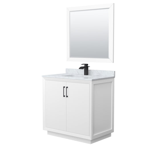Strada 36" Single Vanity in White, Marble Top, Sink, Black Trim, 34" Mirror