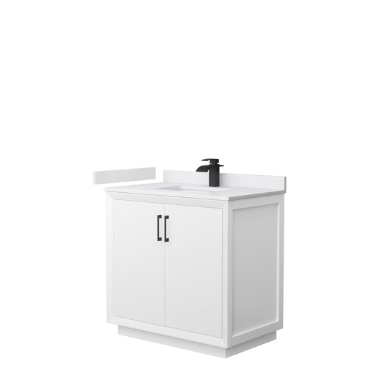 Strada 36" Single Vanity in White, White  Marble Top, Sink, Black Trim