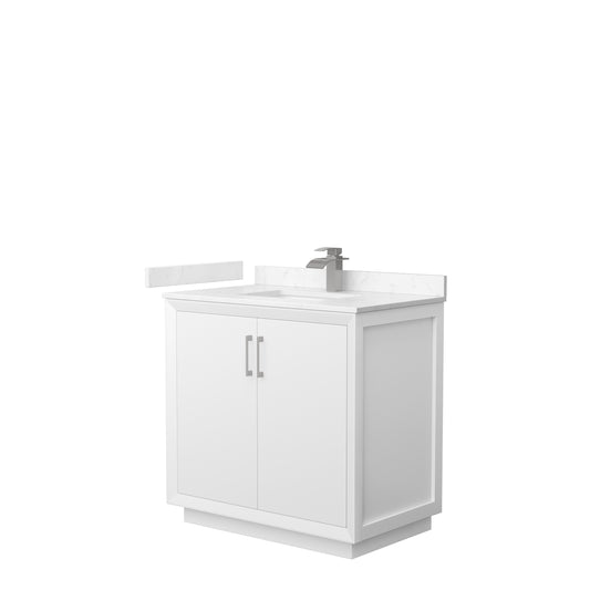Strada 36" Single Vanity in White, Carrara  Marble Top, Sink, Nickel Trim
