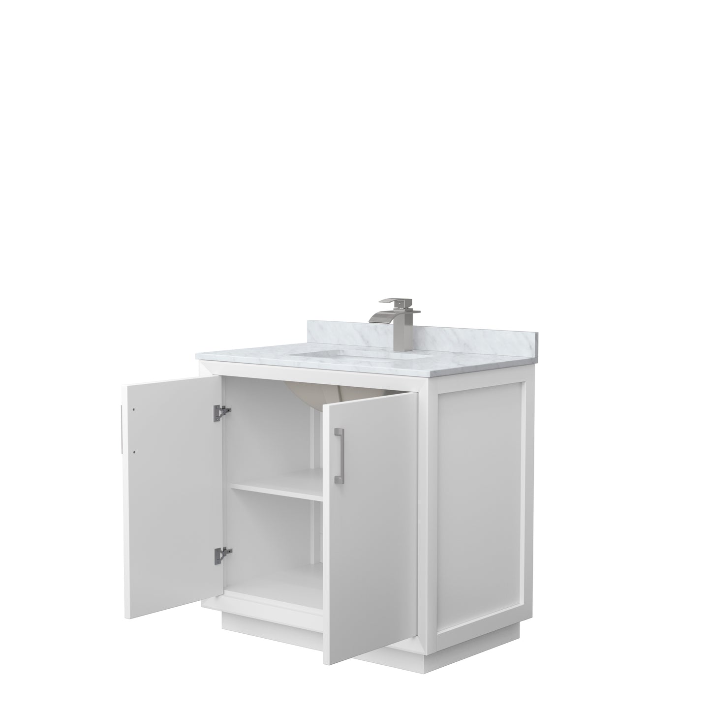 Strada 36" Single Vanity in White, White Carrara Marble Top, Sink, Nickel Trim