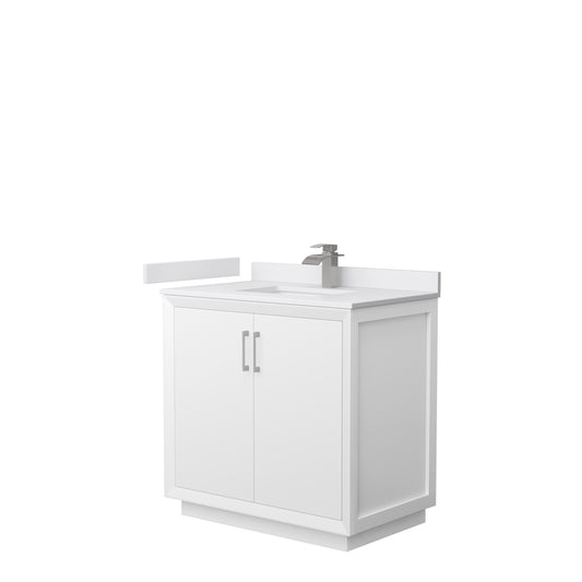 Strada 36" Single Vanity in White, White  Marble Top, Sink, Nickel Trim