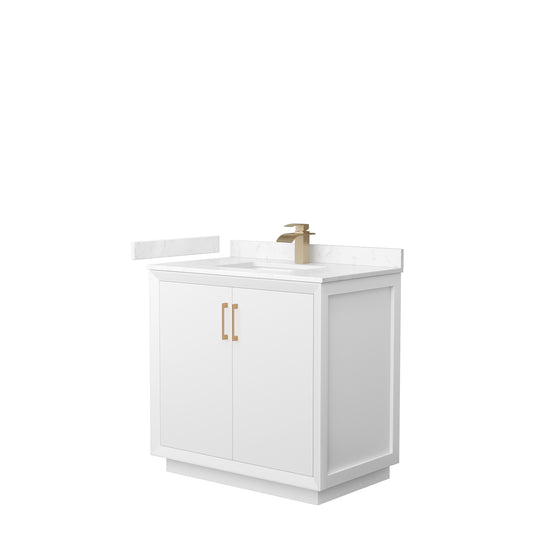Strada 36" Single Vanity in White, Carrara  Marble Top, Sink, Bronze Trim
