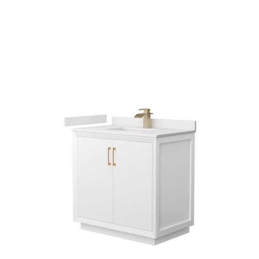 Strada 36" Single Vanity in White, White  Marble Top, Sink, Bronze Trim
