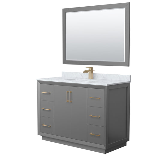 Strada 48" Single Vanity in Gray, Marble Top, Sink, Bronze Trim, 46" Mirror