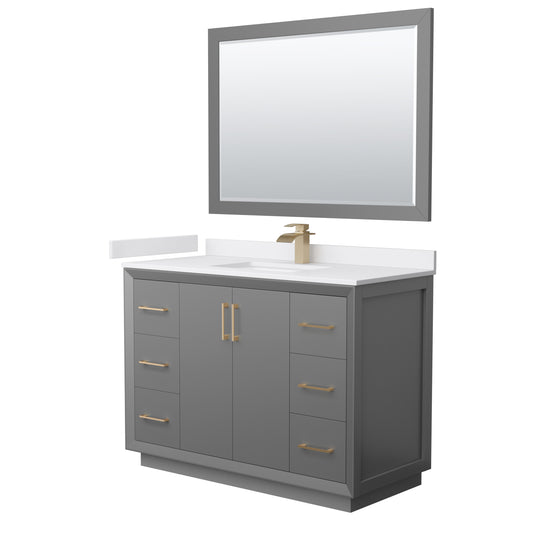 Strada 48" Gray Single Vanity, White Marble Top, Sink, Bronze Trim, 46" Mirror