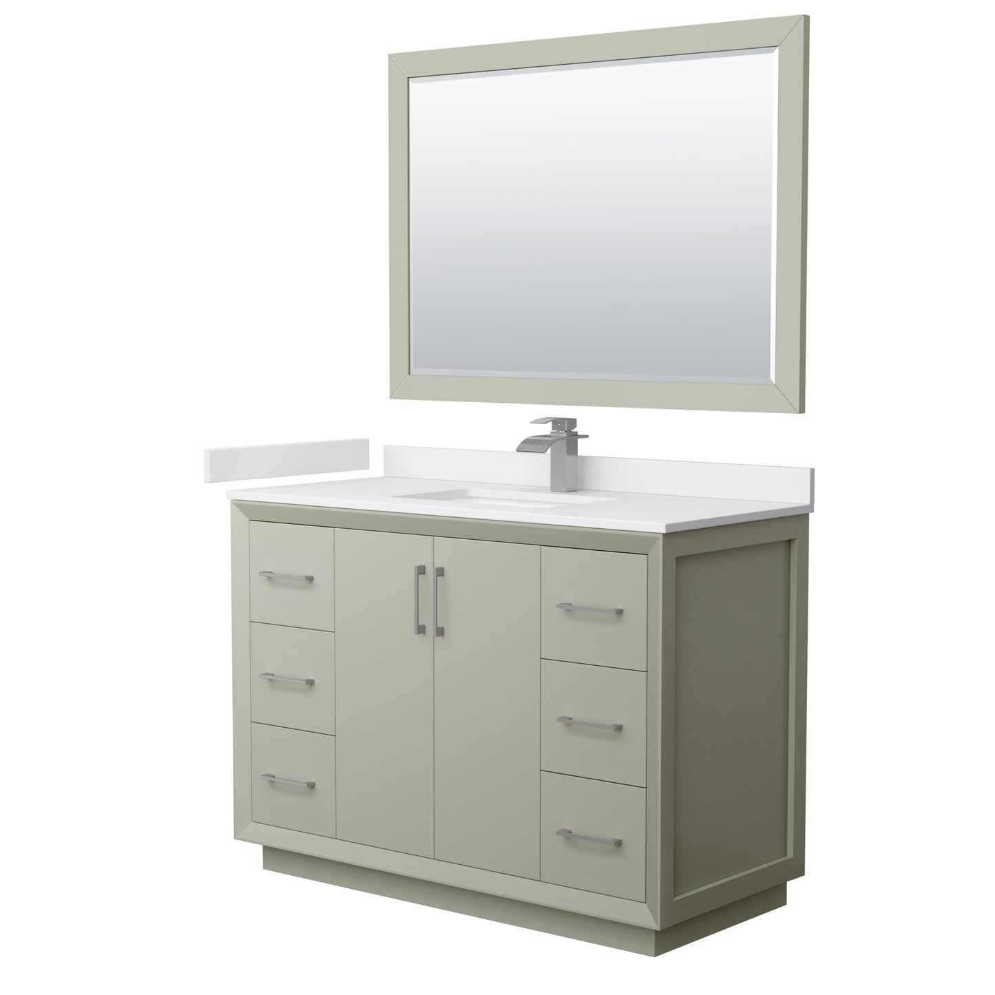 Strada 48" Green Single Vanity, White Marble Top, Sink, Nickel Trim, 46" Mirror