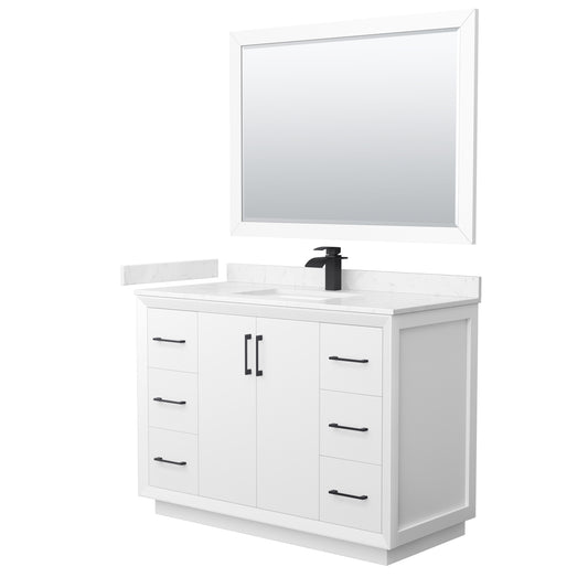 Strada 48" White Single Vanity, Carrara Marble Top, Sink, Black Trim, 46" Mirror